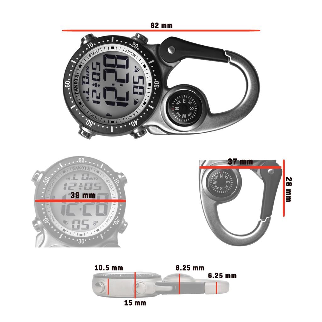 Dakota Pocket Watch with Carabiner, Digital, Waterproof, Alarm, Stopwatch, Timer, Compass, for Outdoor Activities, Camping, Hiking, and Travel