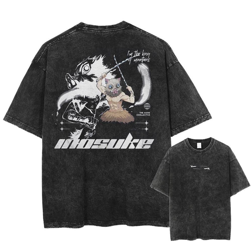 

Demon Slayer Anime Print T-shirt Summer Washed Retro T-shirt Harajuku Style for Men Casual Outdoor Daily Wear Street Style M