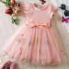 Summer Girl Flower Embroidered Mesh Dress With Bow For Toddler Girls