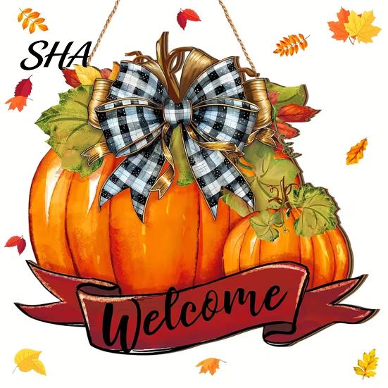 Bright Color Pumpkin Pendant Fall Welcome Sign, Thanksgiving Door Hanger, Wooden Decor Weather-resistant Sign Hanging Porch for Autumn Harvest