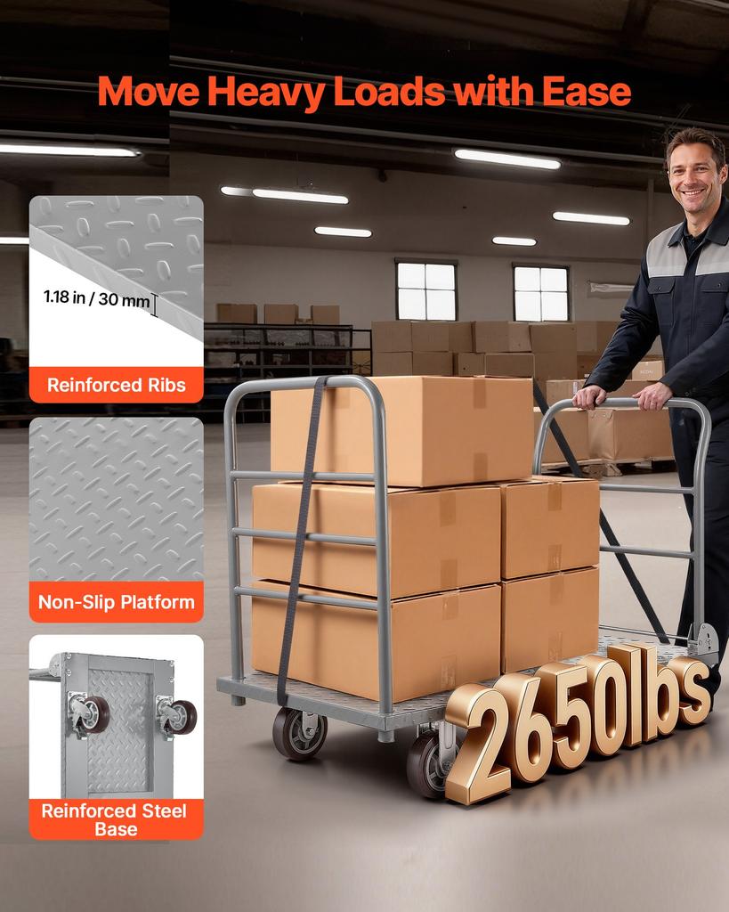 VEVOR Platform Truck, 2650 Lbs Capacity, Heavy Duty Flatbed Cart Dolly with Detachable Guardrail and Swivel Wheels, Foldable Hand Push Truck Cart