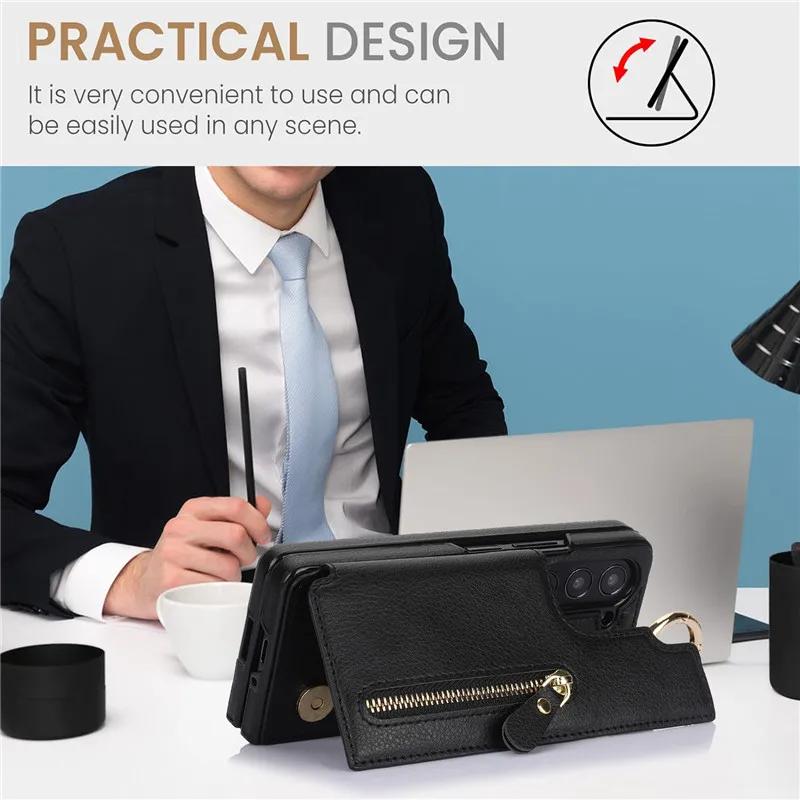 PU Leather Ring Zipper Wallet with Card Holder Phone Case for Samsung Galaxy Z Fold 6 5 4 3 Fold6 Fold5 Fold4 5G Kickstand Cover