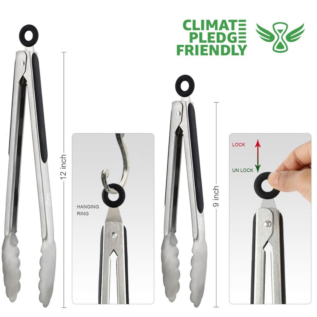 Hotec Stainless Steel Kitchen Silicone Cooking Grilled Meat Cooking Potato Chips Heat Comes with Convenient Lockable Set of 2 Tongs, Tongs, Tongs,