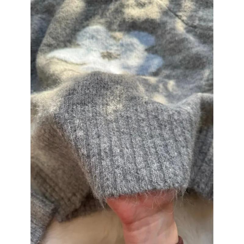 Streamgirl Winter Gray Sweater Flower Women Loose Knit Pullovers Purple Knitwear Vintage Warm Flower
