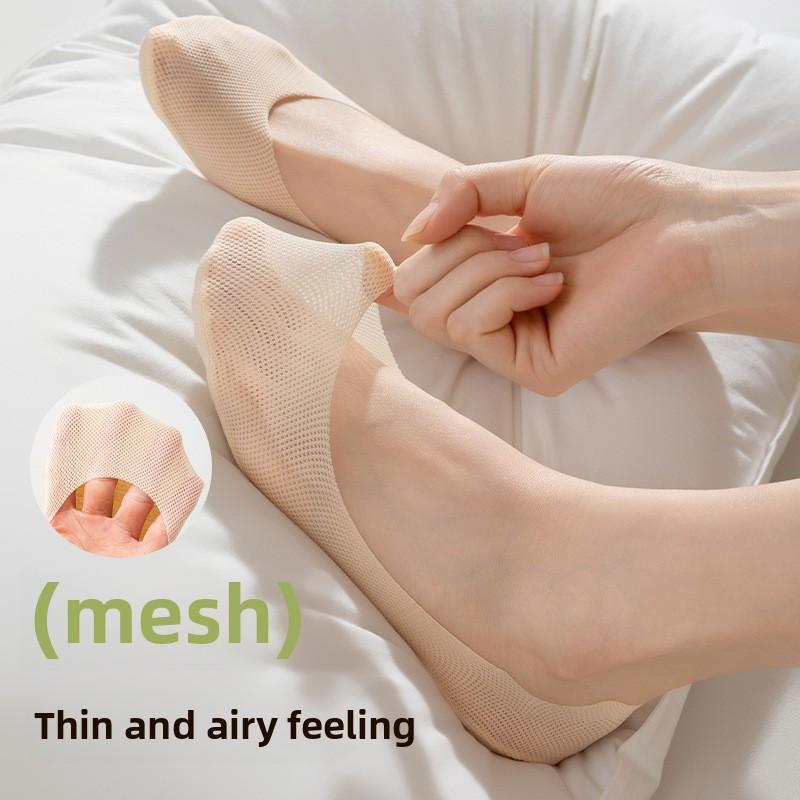 5 Pairs of Women's Cotton Summer Thin Mesh Breathable Sweat Absorbent Non Slip with Invisible Socks