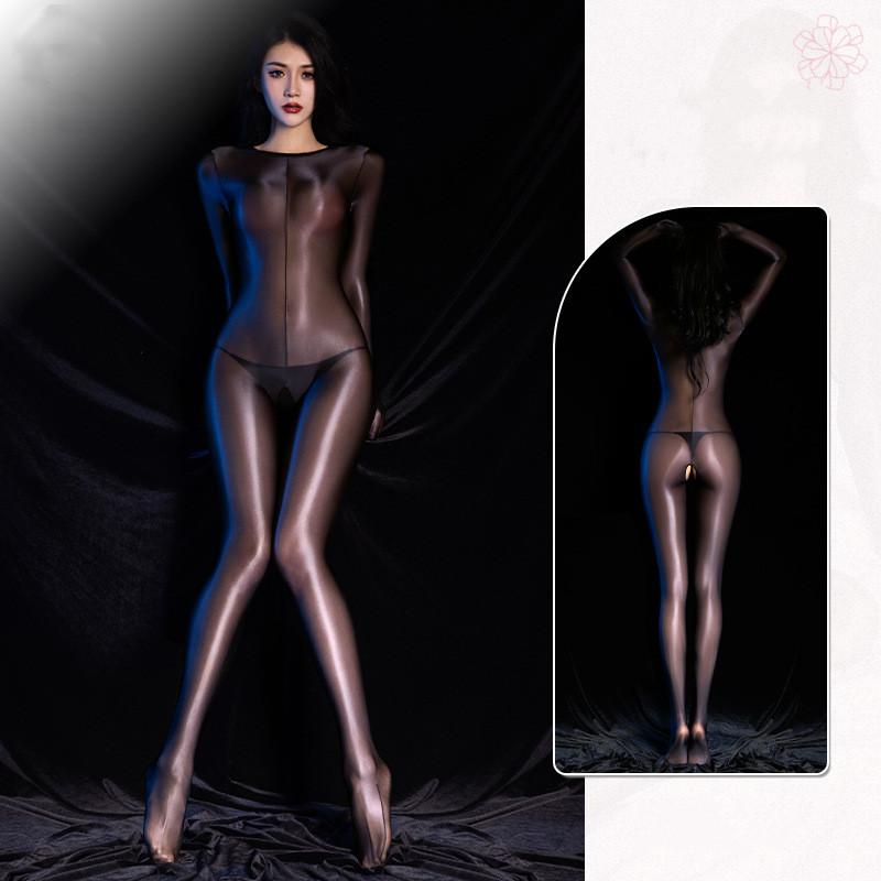 Sexy Women Shiny Crotchless Bodysuit Sheer Open Crotch Erotic Tights Oil Glossy Jumpsuit One-piece Body Stockings Leotard
