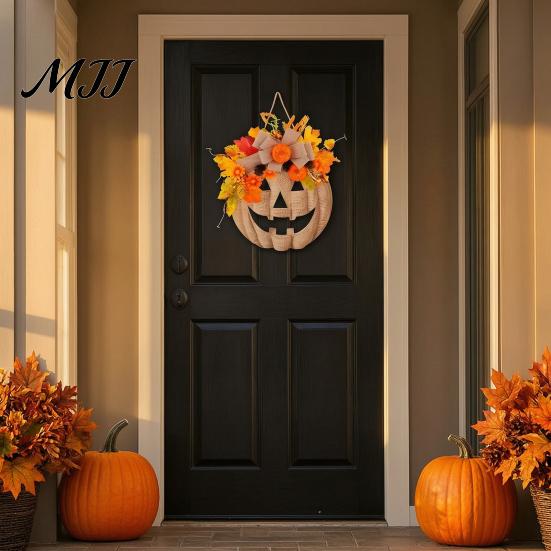 Warm LED Fall Lighted Wreaths Wooden Pumpkin Halloween Door Sign with Lights, Artificial Floral Hanging Illuminated Garland Lights Ornament for Window