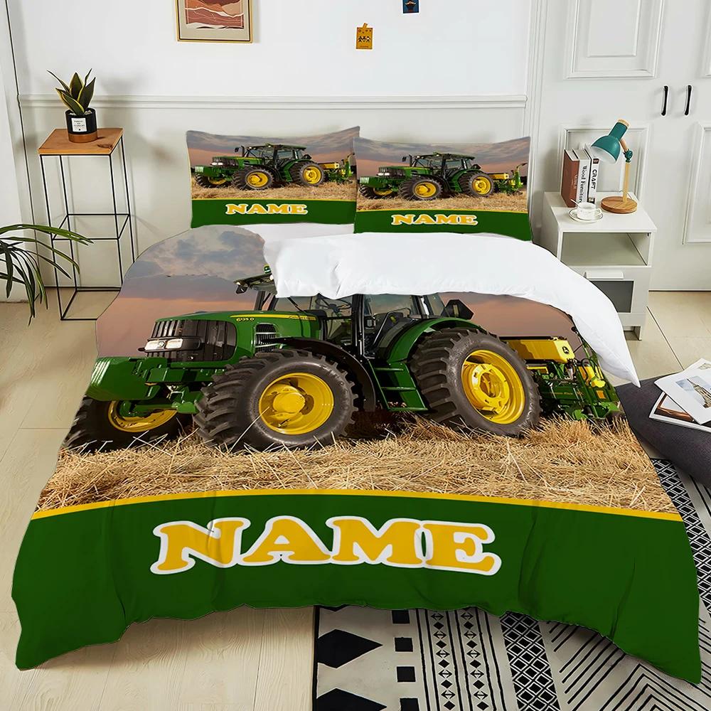 New! Personalized Custom Name Retro Tractor Pattern Printed Bed 3-piece Set Children Adult Soft Bedding Christmas Halloween Gift