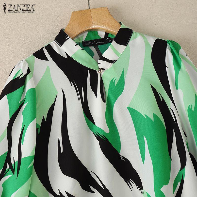 ZANZEA Women Casual Stand Collar Loose 3/4 Sleeve Print Blouse