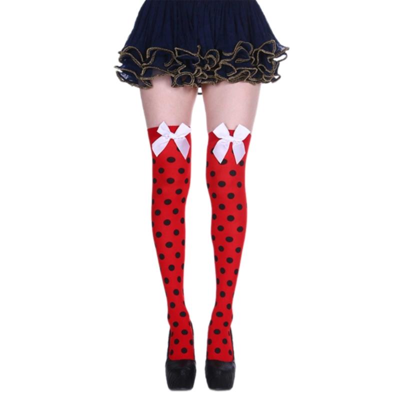 Sweet Bowknot Accent Thigh High Long Socks for Women Halloween Cosplay Parties Fishnet Striped Thigh High Stockings