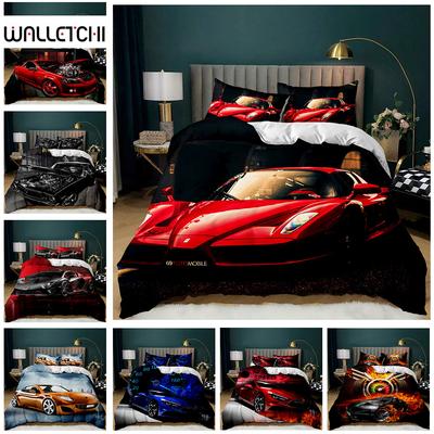 Set Biancheria da Letto Auto da Corsa Misura Singola Set Copripiumino Fiamma Rossa Ardente Copripiumino Auto Sportiva 3D 3 Pezzi Biancheria da Letto King Copripiumino
