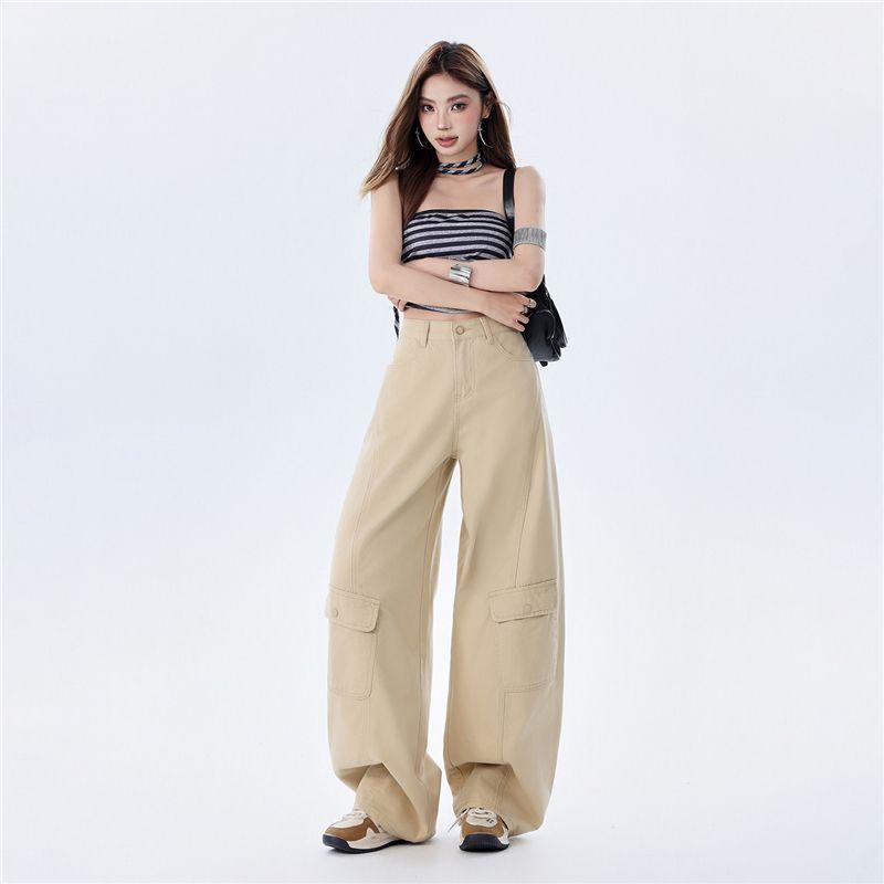 Early Spring Pure Cotton Military Green Comfort Relax Drape Saber Cut Scythe Cargo Denim Pants For Ladies Casual Pants Oversize Denim Trousers