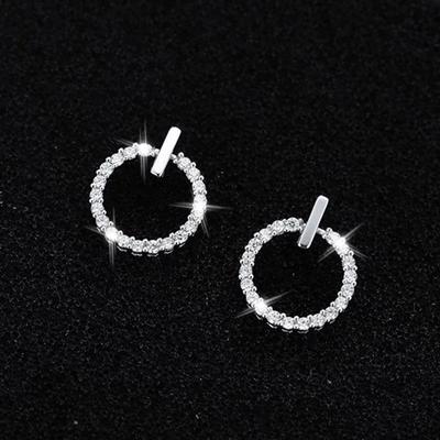 Pendientes de Plata de Ley S925 con Aguja, Círculo Mini Minimalista y Diamante para Mujer
