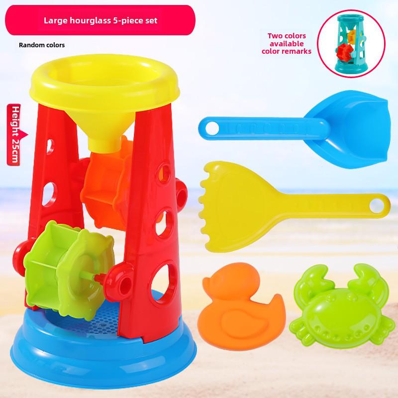 Strandspielzeug-Set für Kinder: Sandwerkzeuge, Sanduhr, Spielzeugauto und Eimer