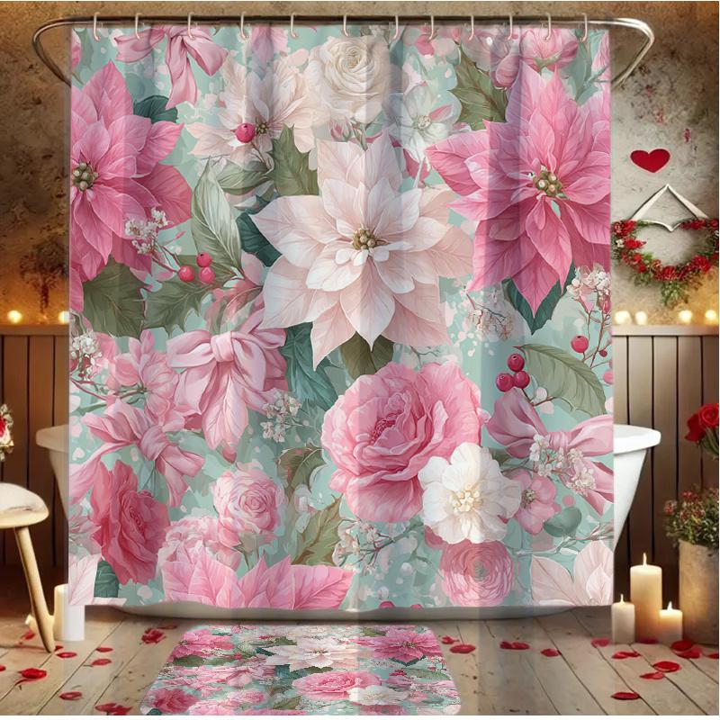 4-teiliges Duschvorhang-Set „Floral Romance Scene“ mit rutschfester Badematte, Toilettendeckelbezug, Kontur-Teppich & 12 Haken, Badezimmer-Dekoration
