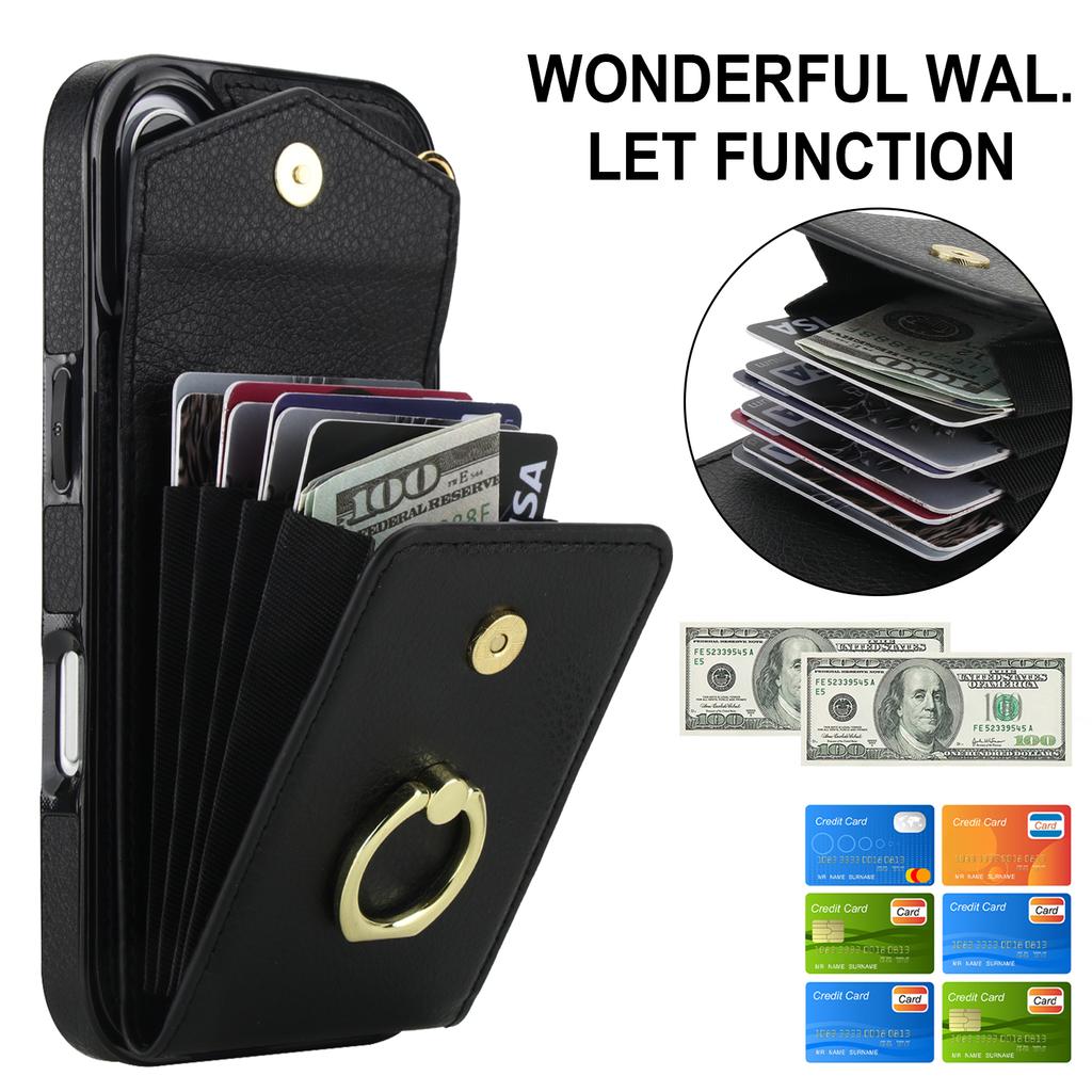 For iPhone 17 Case Leather + TPU Accordion Card Bag Phone Cover with Ring Kickstand