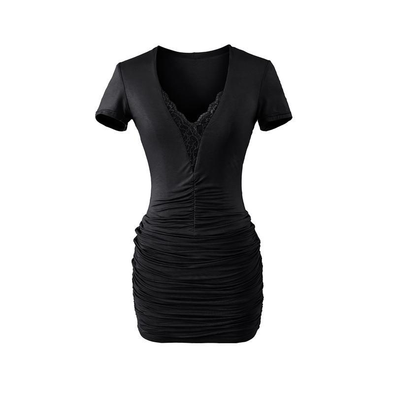 Retro V-Neck Lace Patchwork Pleated Short-Sleeved Bodycon Dress Large