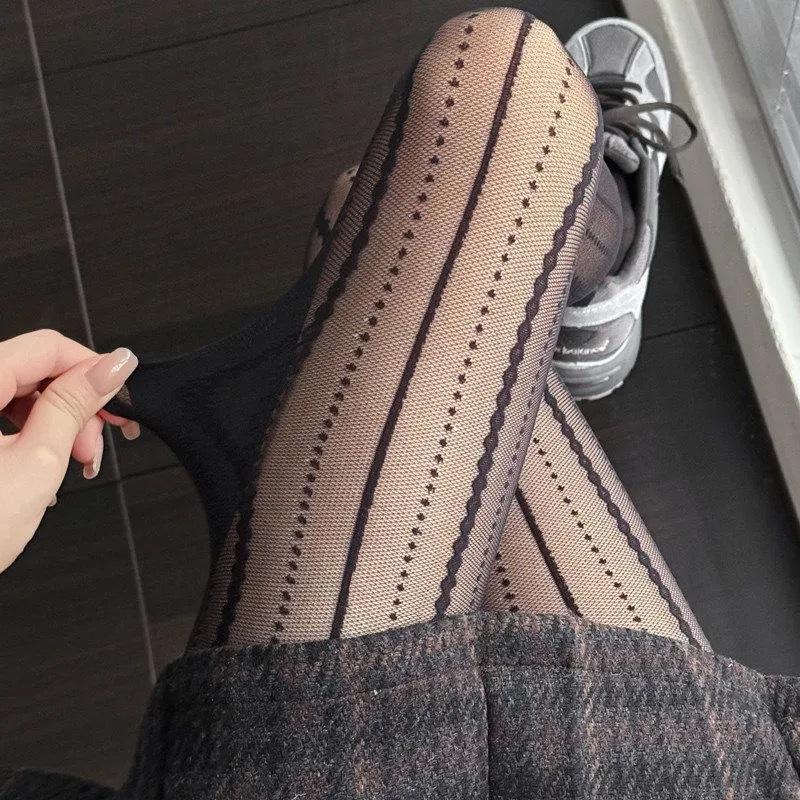 High-End Silver Silk Gray Stockings Gray-Tie Bright Silk Rhombus Cross-Striped Shiny Black Stockings Skin-Penetrating Pantyhose