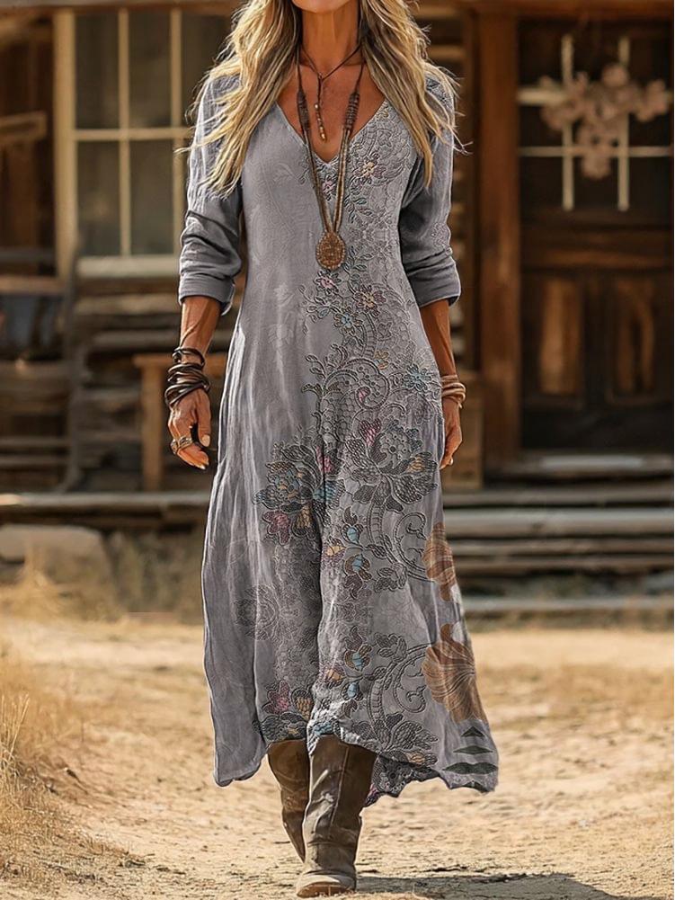 Damen Retro Blumenmuster Langarmkleid - Europäischer & Amerikanischer Stil