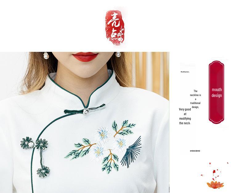 Women's Ethnic Zen Tea Art Embroidered Dress - Vintage Pan Buckle Top with Midi Skirt and Seven-Sleeve Design for Spring/Summer