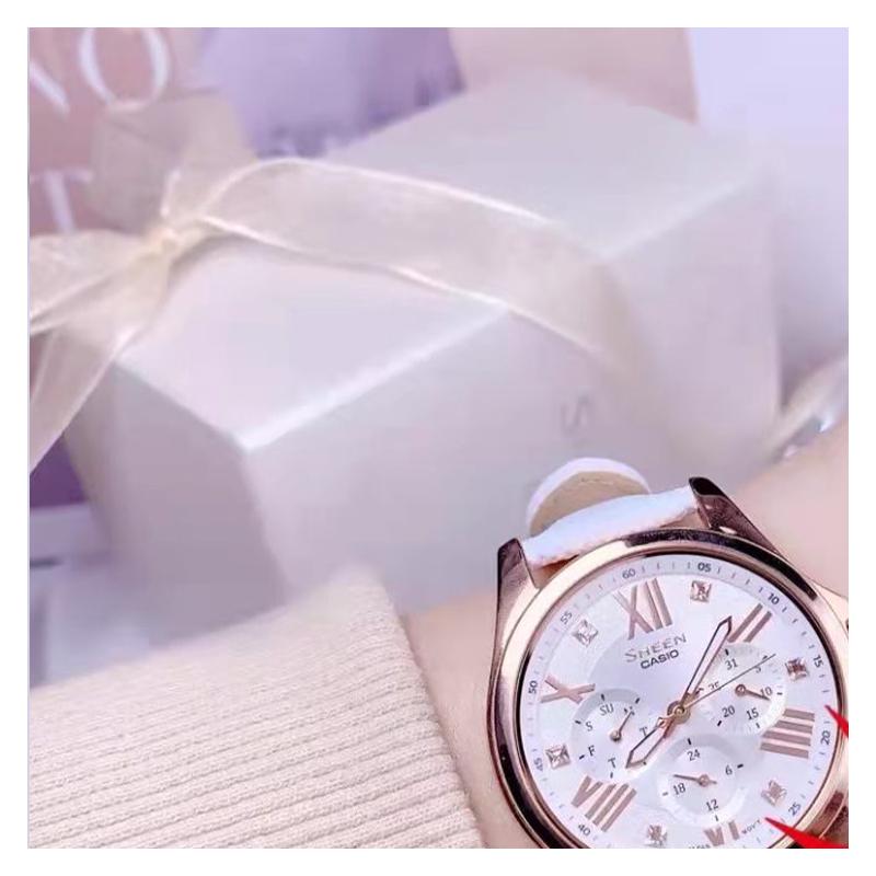 Casio SHEEN series three eyes and three circles design business quartz movement leather strap Japanese and Korean watch women's watch SHE-3806GL-7AQ