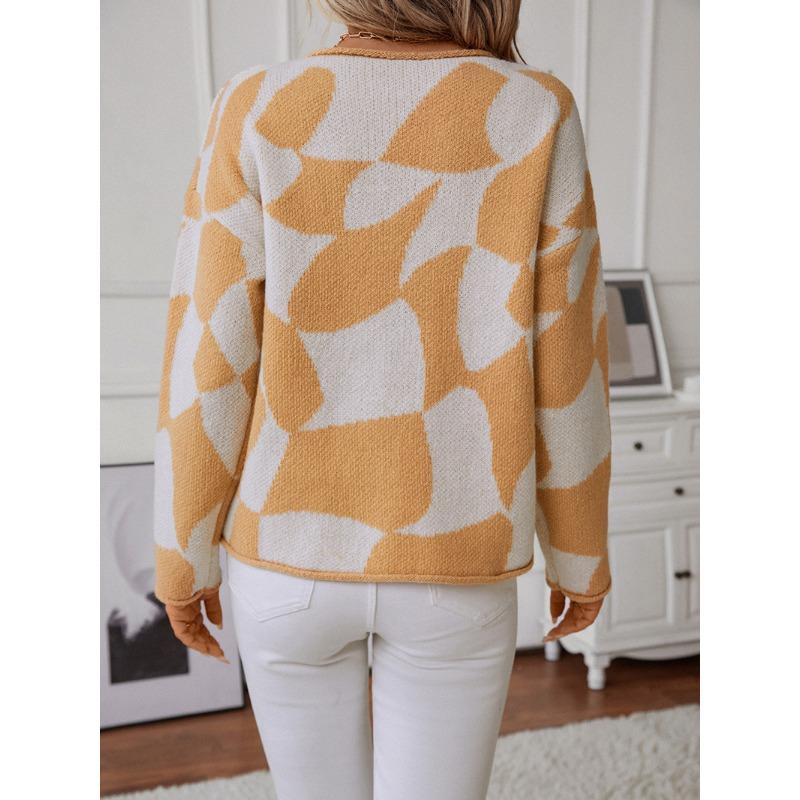 Women S Crew Neck Pullover Knit Sweater Geometric Pattern Basic Wear