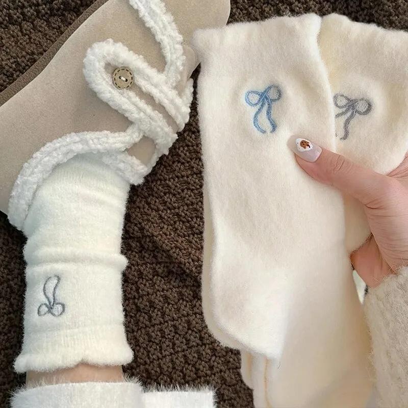 1/5pcs Cozy Hairy Mink Velvet Socks Bow Autumn Winter Hosiery Thickened Plush Socks Warm Sleep Home Fluffy Socks For Women