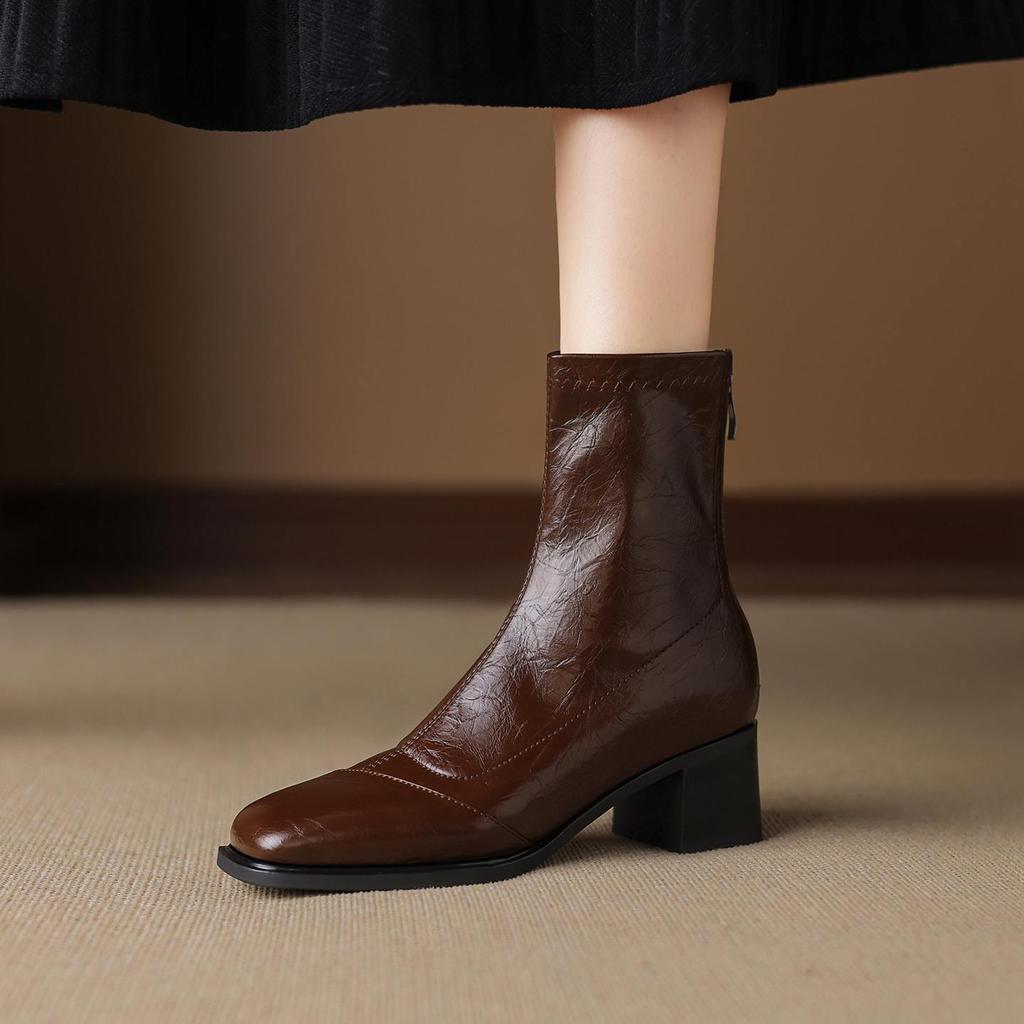 Krazing Pot Microfiber Square Toe Med Heels Elastic Boots Size 43 Slip On Women  Basic Design Ankle Boots