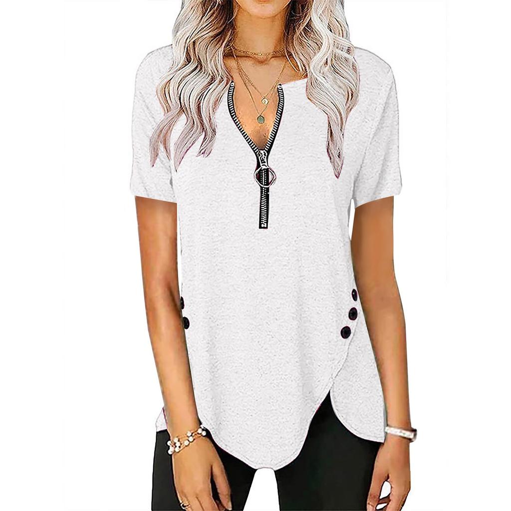 Womens Casual Color Zipper Short Sleeve Loose Top T-Shirt