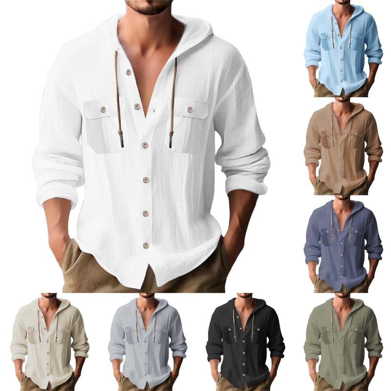 Men's Hooded Long Sleeve Cardigan Shirt Loose Casual.