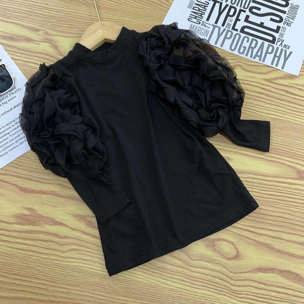 2025 Spring/Autumn Stylish Korean Bubble Sleeve Long-Sleeve T-Shirt for Girls