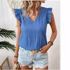 New Summer Tops Solid V-neck Flying Sleeve Casual Shirt Women Elegant Slim Fit Vintage Fashion Blouses Women Simple Blue Ladies Pullover Blouse 26544