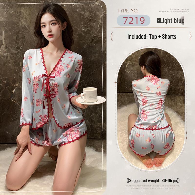 

Женский пижамный комплект из искусственного шелка с принтом Fantasy Tide - Завязки в китайском стиле, Сексуальное искушение, Короткий рукав One Size