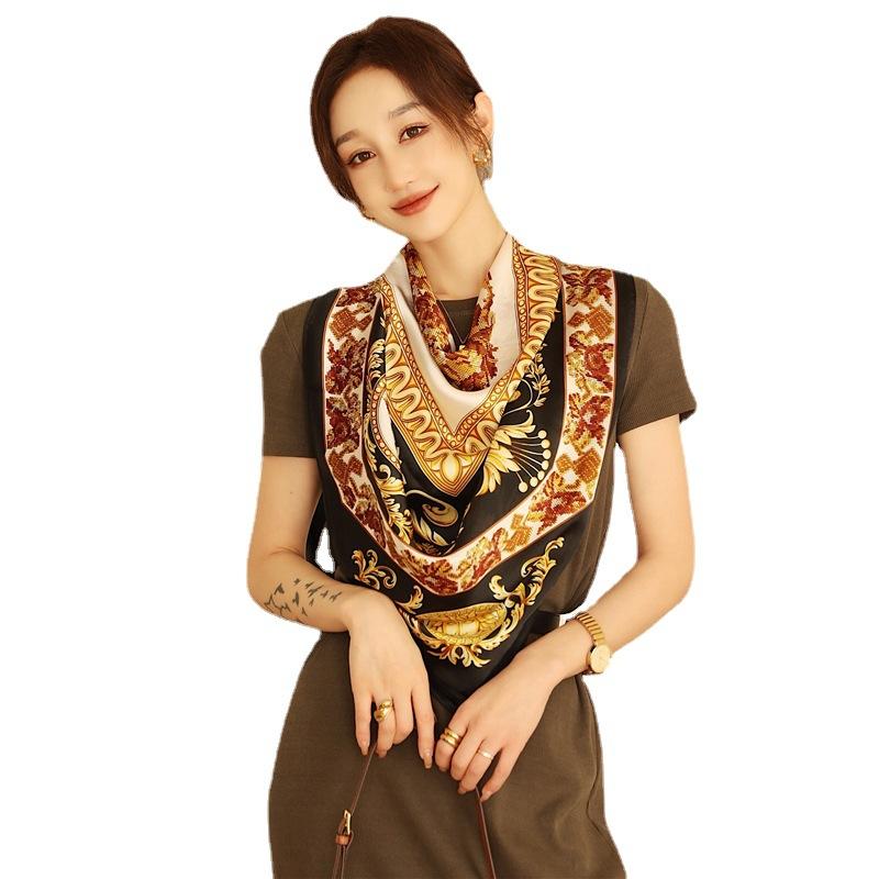 European and American retro printing silk scarf simulation silk large shawl travel sunscreen decoration autumn and winter scarf silk scarf new
