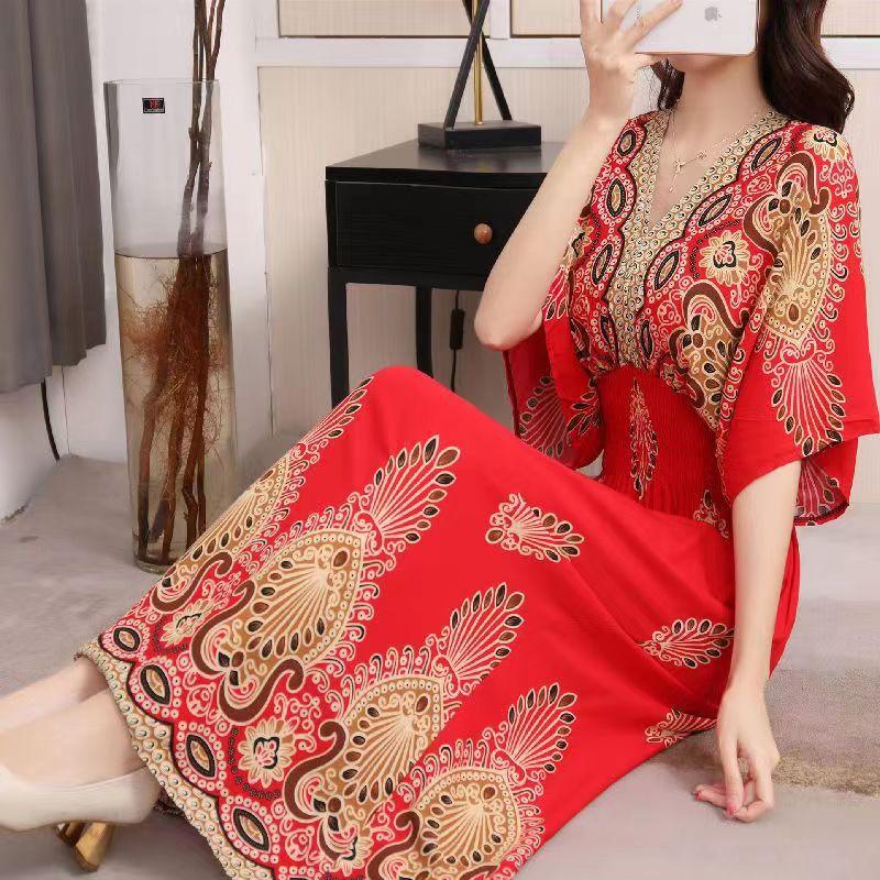 Women Summer Casual Elegant Retro Bohemian Style V-neck Elastic Waist Large Swing Printed Long Skirt Autumn Summer Dress