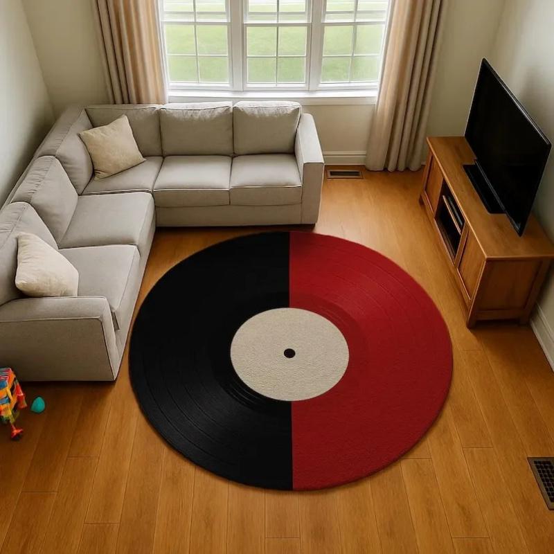 Vinyl Record Round Rug, Music Themed Black White Carpet, Soft Non-Slip Decor Mat for Living Room Bedroom