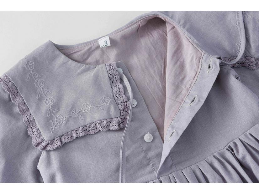 Girls' Spring Embroidered Lace Collar Long Sleeve Cotton Dress