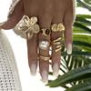 Creative Luxury Flower Geometric Pearl Rings Collection for Women Shiny Alloy Open Stackable Rings Party Jewelry Accessories