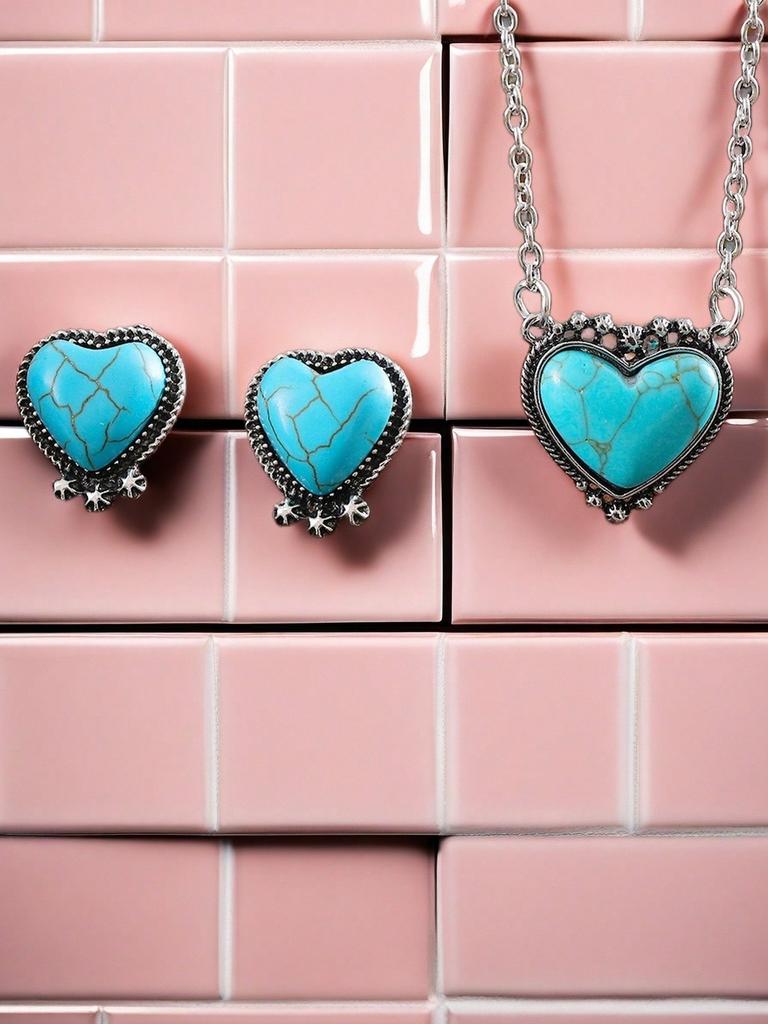 3tlg./Set Damen Böhmischer Vintage Stil Herz Türkis Anhänger Halskette Ohrringe Schmuckset Westernschmuck für Party Abschlussball Kleidung Geschenke