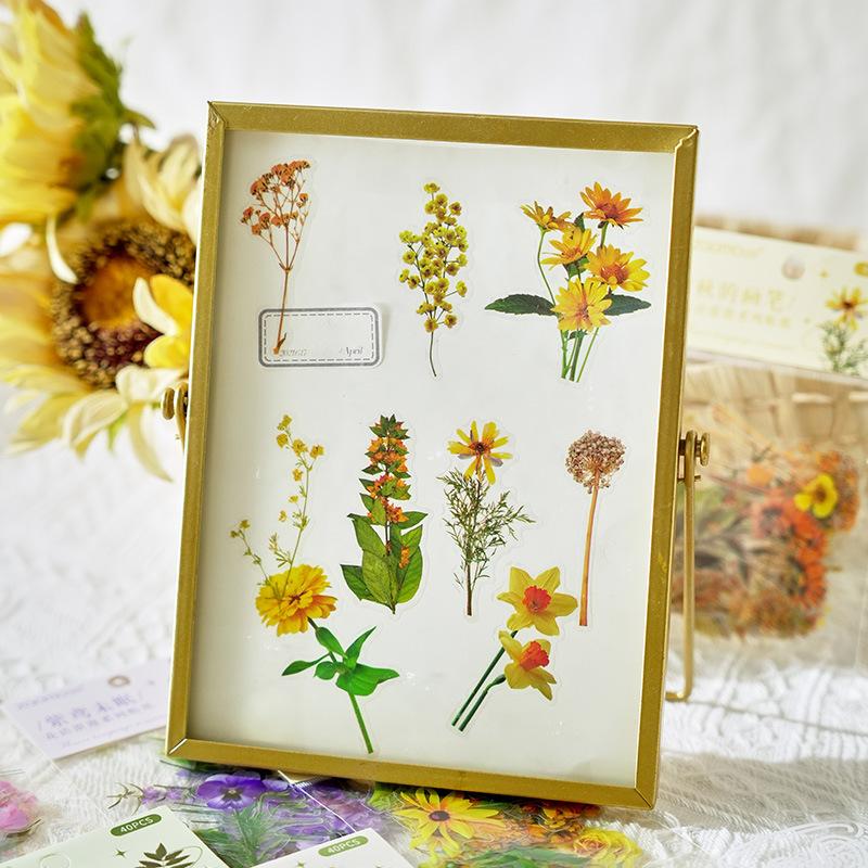 40 Pcs Kawaii Creative Flower Plant Stickers Hand Tent DIY Stick Labels Scrapbooking Material Junk Journal Supplies