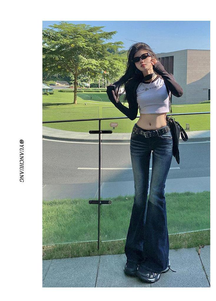 Women's Retro Low-Waist Micro-Flare Distressed Jeans - Slim Fit, Stretch, Floor-Length