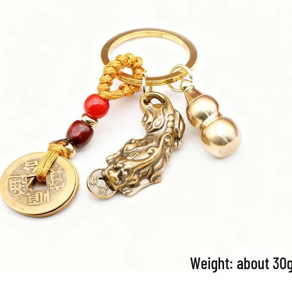 Brass Pixiu Keychain with Five Emperor Coins - Auspicious Clouds Pendant & Personalized Car Ornament Handicraft.