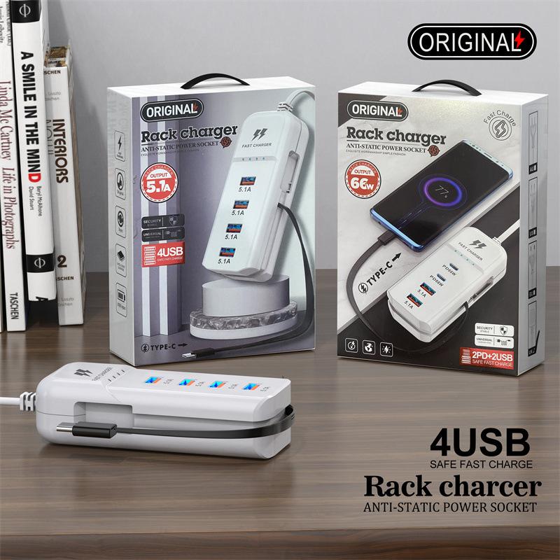 66W PD Fast Charging Wall USB Chargers USB Hub Adapter 4 Ports USB Type C EU US UK Plug Extension Type C Cable Socket Outlet