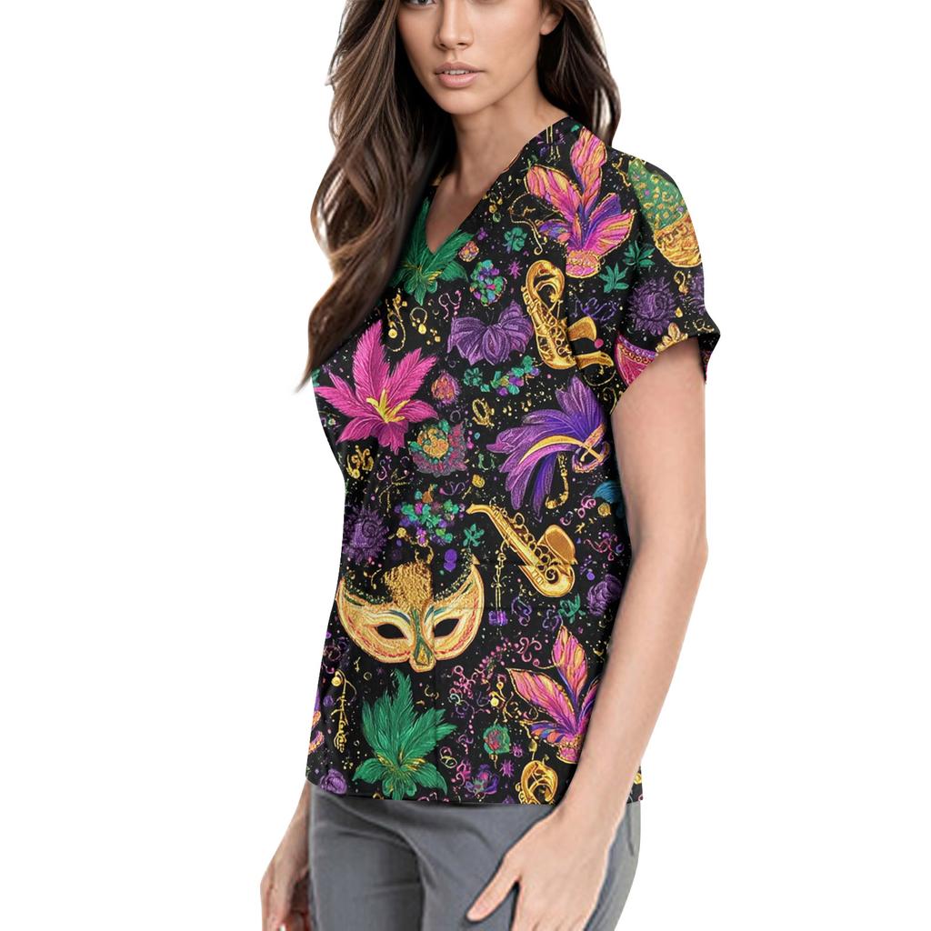 Women's Cute Printed Work Clothes V-neck Double Layer Pockets Basic Short Sleeve Top Pullover Valentines