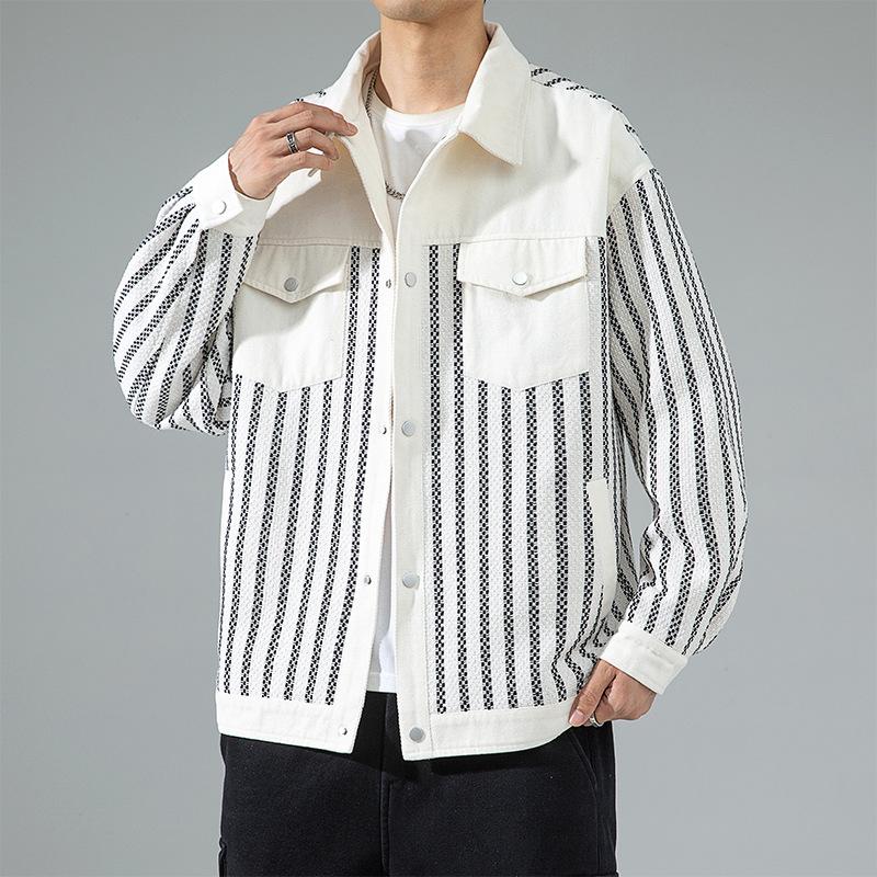 

Spring and autumn new men s Korean turn-down collar contrast jacket fashionable and stylish multi-pocket loose coat 3XL