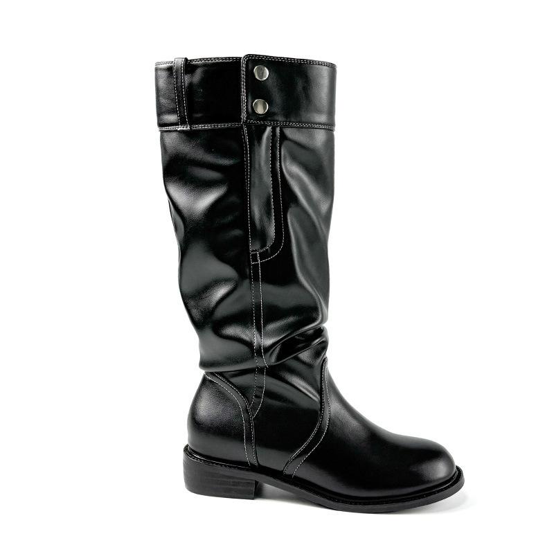 Version peau de mouton~ bottes plissées à tige haute, tempérament mode pour femmes, boucle de ceinture polyvalentes mais bottes genou