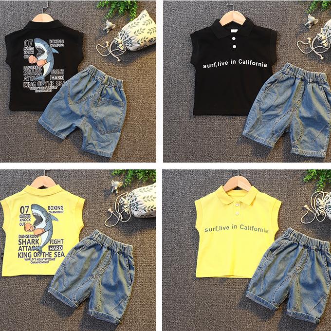 Summer Children's Suit Boys' Sleeveless Baby Jeans T-shirt Korean Version Lapel Two Piece Children's Suit