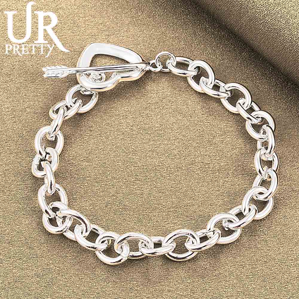 Pulseira de prata esterlina 925 clássica com corrente redonda e fivela em forma de coração e flecha, joias de casamento da moda