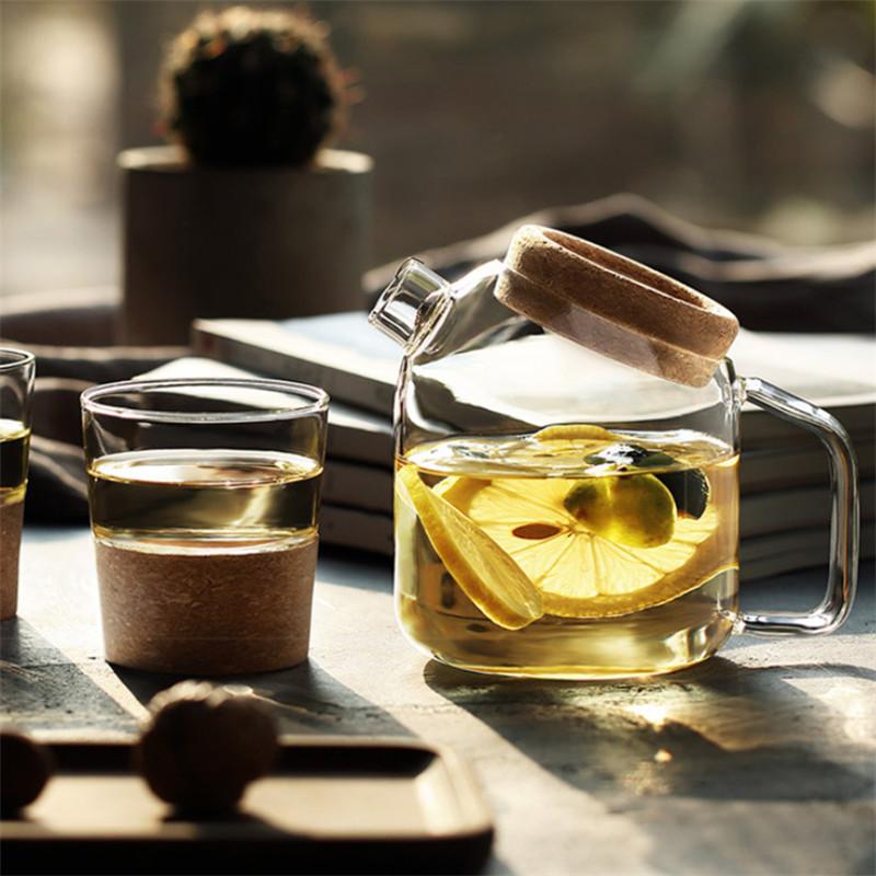 Creative Borosilicate Glass Teapot with Cork Lid & Handle | Large Capacity Water & Juice Kettle