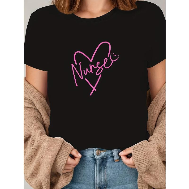 

Women s Nurse Love Pattern Print T-Shirt Casual Short Sleeve Cute Professional Tee Top S чёрный